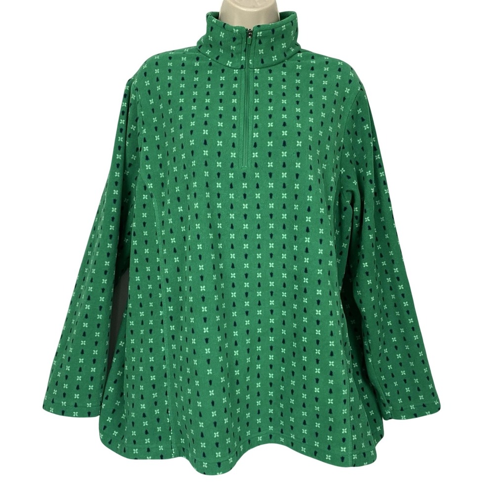 Lands' End Fleece Pullover Women 1X Kelly Green Geometric 1/4 Zip Mock Neck Cozy